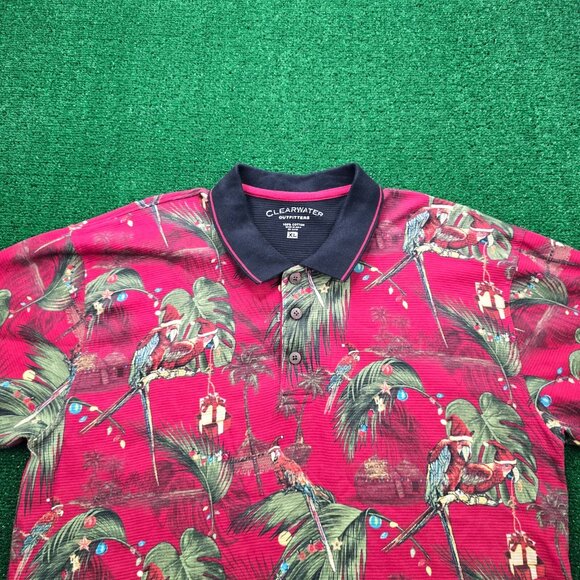 Clearwater Polo Shirt Mens XL Red‎  Golf Parrot Christmas Palm Tree Beach AOP - Picture 2 of 6